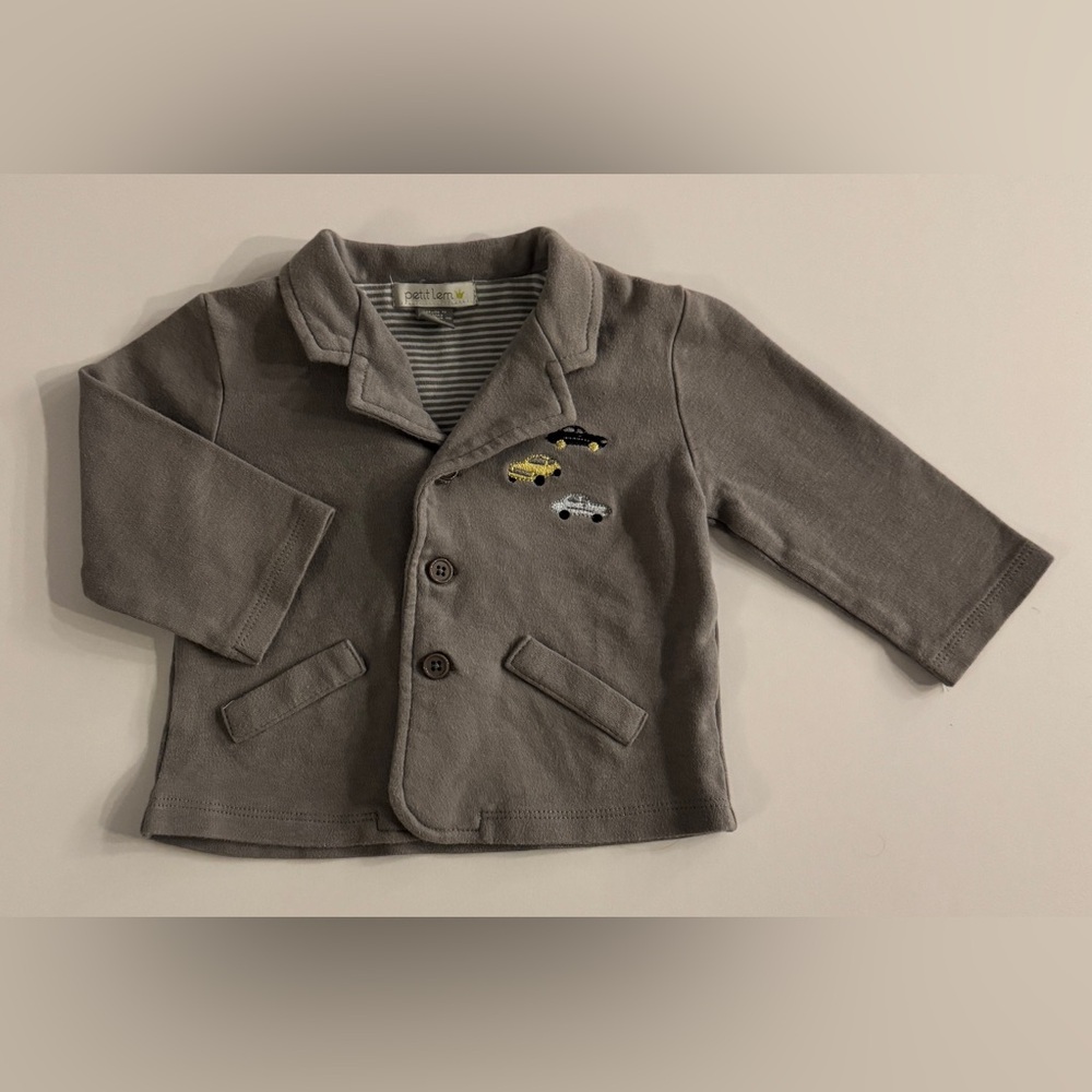 Petit Lem Charcoal Kids Blazer with Car Embroidery 6M EUC